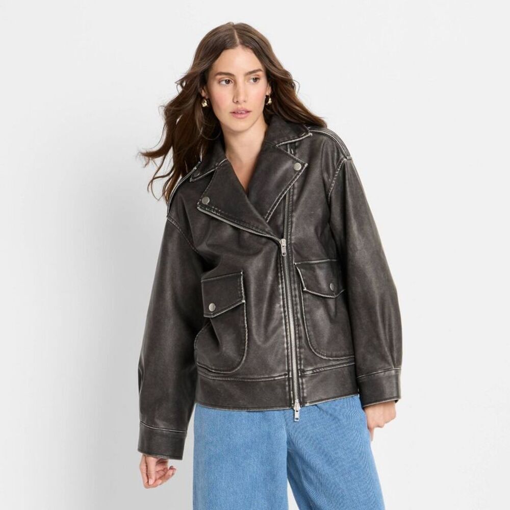 Women's Relaxed Leather Moto Jacket - Future Collective Black M